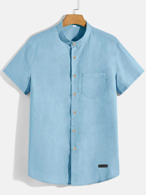 Férfi pamut-keverékből készült rövid ujjú ing, álló gallérral, könnyű és lélegző, egyszínű, mindennapi viselet