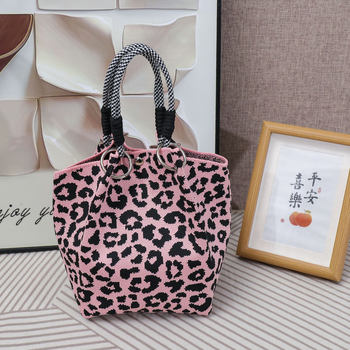 Geantă de mână tricotată, cu imprimeu leopard – stil urban minimalist, poliester, formă de găleată, închidere magnetică, curele duble