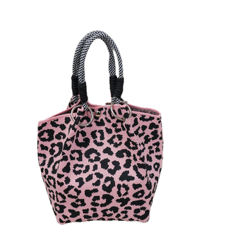 Geantă de mână tricotată, cu imprimeu leopard – stil urban minimalist, poliester, formă de găleată, închidere magnetică, curele duble