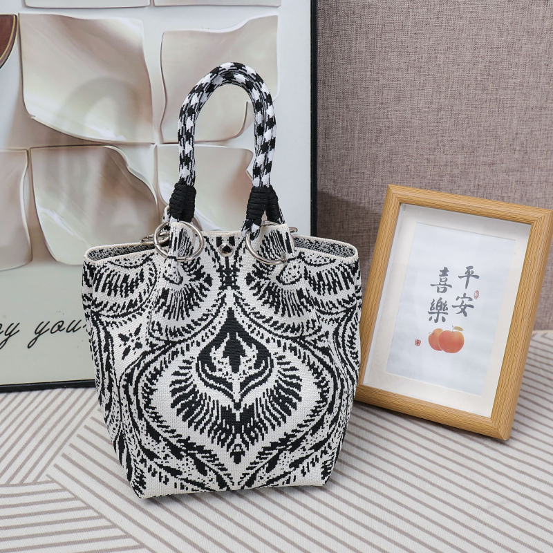 Geantă de mână tricotată, cu imprimeu leopard – stil urban minimalist, poliester, formă de găleată, închidere magnetică, curele duble