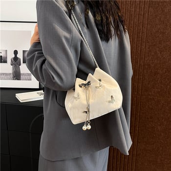 Geantă bucket din PU, minimalism urban, deschidere cu bandă, buzunar cu fermoar, căptușeală din nylon