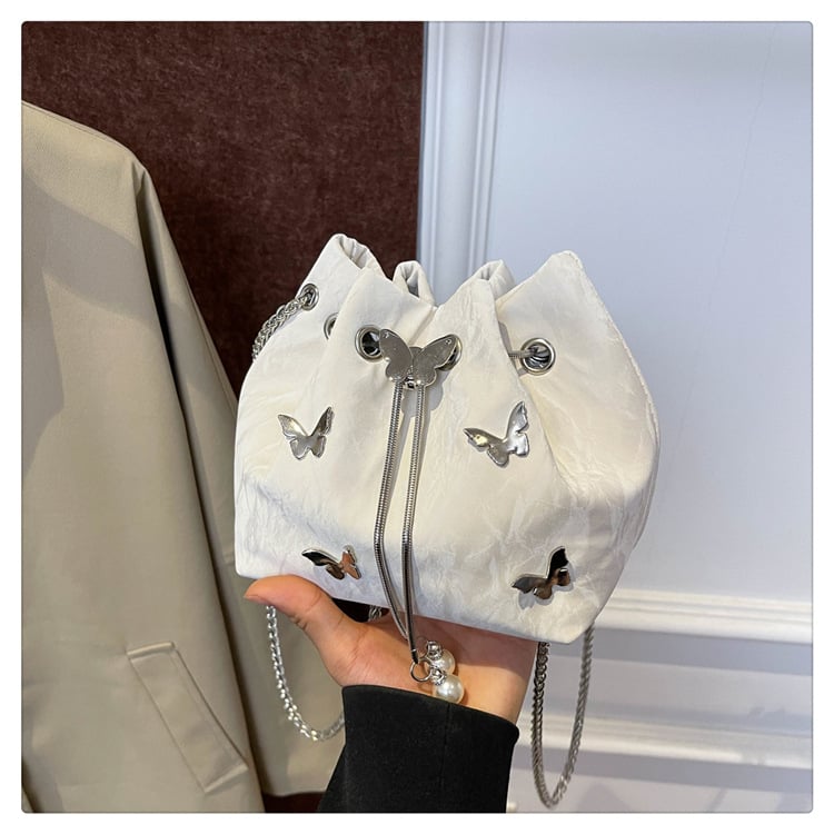 Geantă bucket din PU, minimalism urban, deschidere cu bandă, buzunar cu fermoar, căptușeală din nylon