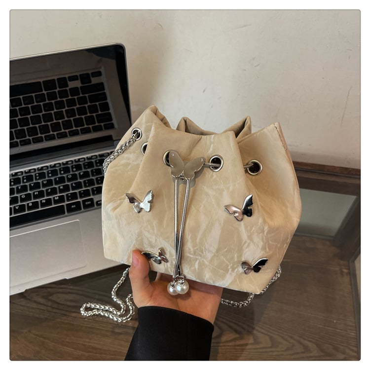 Geantă bucket din PU, minimalism urban, deschidere cu bandă, buzunar cu fermoar, căptușeală din nylon