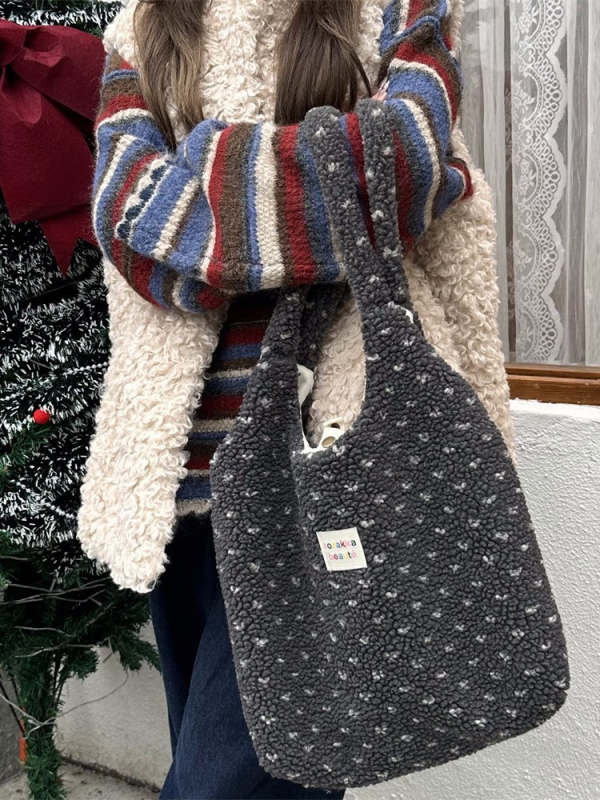 Torba Tote od pliša s motivom srca, ulični stil, jesensko-zimska kolekcija 2025, poplin podstava