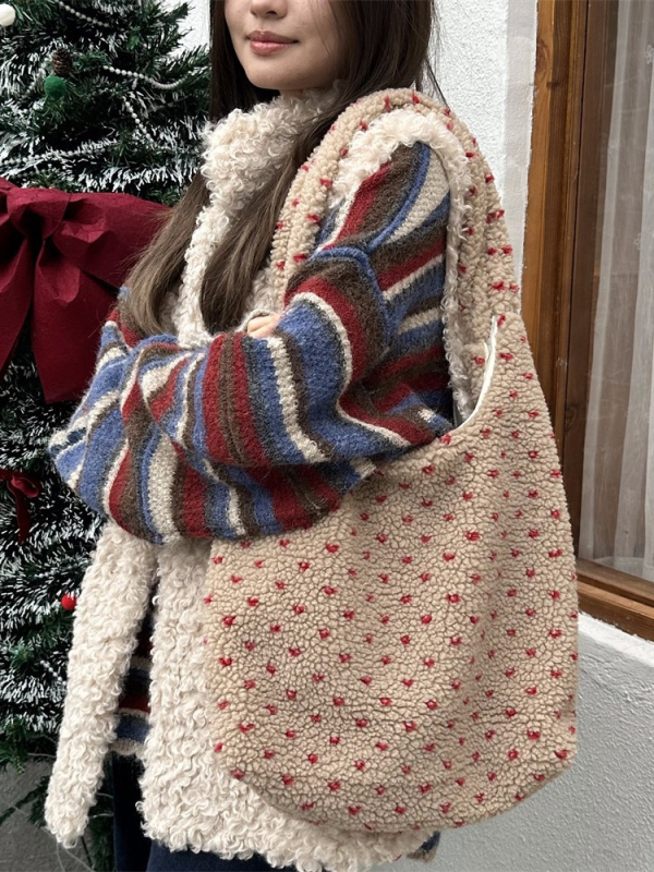 Torba Tote od pliša s motivom srca, ulični stil, jesensko-zimska kolekcija 2025, poplin podstava