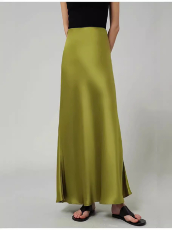 Sukňa A-čiar, maxi, 45° šikmý rez, rybí chvost, vysoký pás, acetát-poliester tkanina (70–80% acetát; <30% polyester)