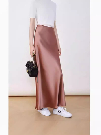 Sukňa A-čiar, maxi, 45° šikmý rez, rybí chvost, vysoký pás, acetát-poliester tkanina (70–80% acetát; <30% polyester)