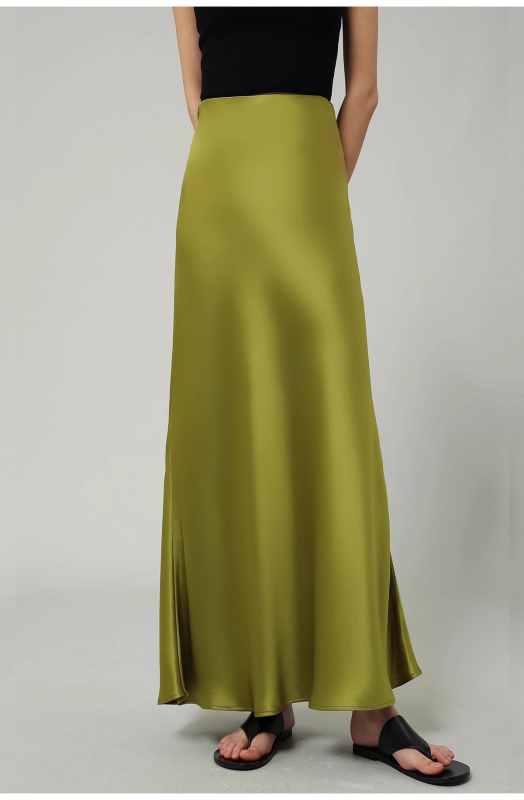 Sukňa A-čiar, maxi, 45° šikmý rez, rybí chvost, vysoký pás, acetát-poliester tkanina (70–80% acetát; <30% polyester)