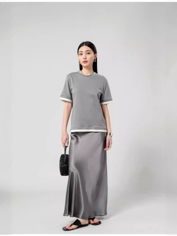 Sukňa A-čiar, maxi, 45° šikmý rez, rybí chvost, vysoký pás, acetát-poliester tkanina (70–80% acetát; <30% polyester)