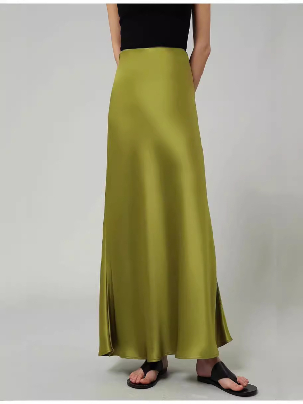 Sukňa A-čiar, maxi, 45° šikmý rez, rybí chvost, vysoký pás, acetát-poliester tkanina (70–80% acetát; <30% polyester)