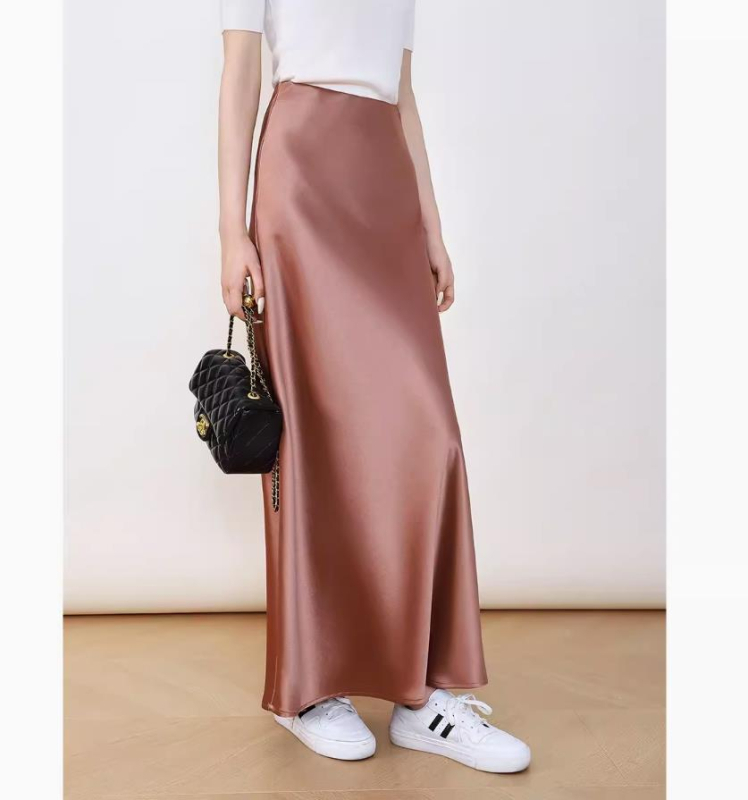 Sukňa A-čiar, maxi, 45° šikmý rez, rybí chvost, vysoký pás, acetát-poliester tkanina (70–80% acetát; <30% polyester)