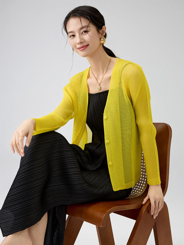 Cardigan z sieťoviny s V výstrihom, dlhé rukávy, voľný strih, polyester, casual štýl, jar 2025