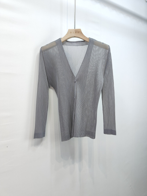 Cardigan z sieťoviny s V výstrihom, dlhé rukávy, voľný strih, polyester, casual štýl, jar 2025