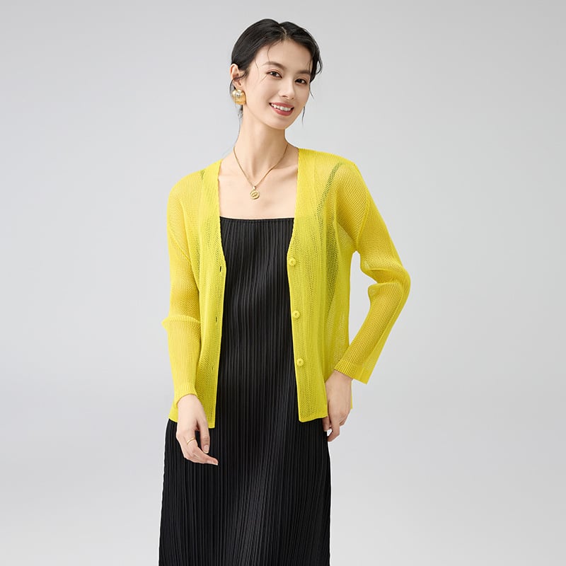 Cardigan z sieťoviny s V výstrihom, dlhé rukávy, voľný strih, polyester, casual štýl, jar 2025