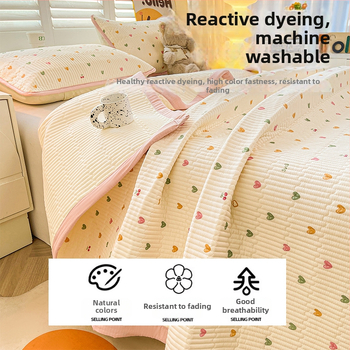 Acoperire pat din tifon dublu strat, husă antiderapantă în stil tatami pentru saltea, set de 3 piese, imprimeu cu desene animate, vopsire reactiva, fibre sintetice
