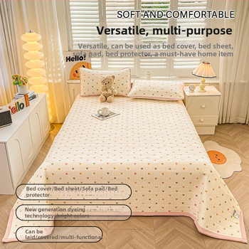 Acoperire pat din tifon dublu strat, husă antiderapantă în stil tatami pentru saltea, set de 3 piese, imprimeu cu desene animate, vopsire reactiva, fibre sintetice