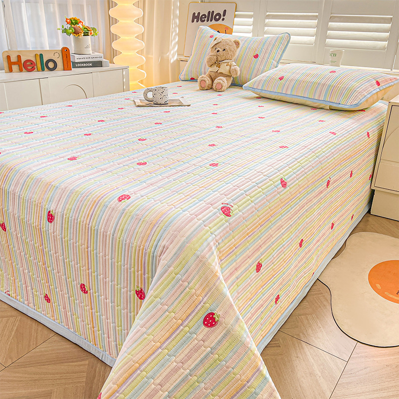 Acoperire pat din tifon dublu strat, husă antiderapantă în stil tatami pentru saltea, set de 3 piese, imprimeu cu desene animate, vopsire reactiva, fibre sintetice