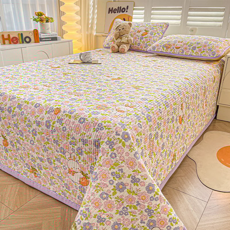 Acoperire pat din tifon dublu strat, husă antiderapantă în stil tatami pentru saltea, set de 3 piese, imprimeu cu desene animate, vopsire reactiva, fibre sintetice