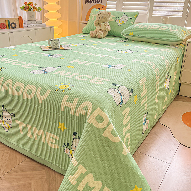 Acoperire pat din tifon dublu strat, husă antiderapantă în stil tatami pentru saltea, set de 3 piese, imprimeu cu desene animate, vopsire reactiva, fibre sintetice