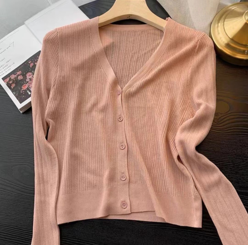 Ice Silk Knit Кардиган, дълги ръкави, тънък, UPF40+, полиестер