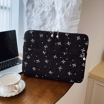 Geantă pentru laptop cu funda brodată, căptușeală din catifea — ușoară, rezistentă la uzură, material textil, stil mix and match, pentru femei