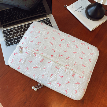 Geantă pentru laptop cu funda brodată, căptușeală din catifea — ușoară, rezistentă la uzură, material textil, stil mix and match, pentru femei