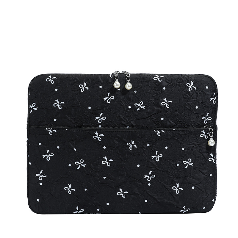 Geantă pentru laptop cu funda brodată, căptușeală din catifea — ușoară, rezistentă la uzură, material textil, stil mix and match, pentru femei