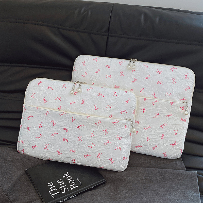 Geantă pentru laptop cu funda brodată, căptușeală din catifea — ușoară, rezistentă la uzură, material textil, stil mix and match, pentru femei