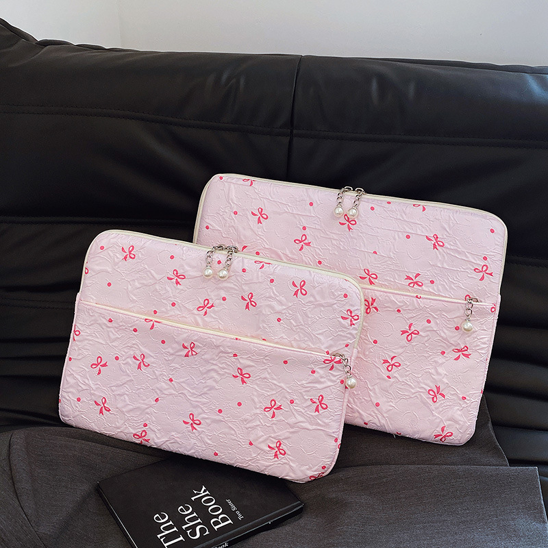 Geantă pentru laptop cu funda brodată, căptușeală din catifea — ușoară, rezistentă la uzură, material textil, stil mix and match, pentru femei