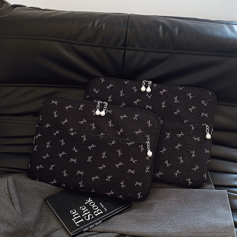 Geantă pentru laptop cu funda brodată, căptușeală din catifea — ușoară, rezistentă la uzură, material textil, stil mix and match, pentru femei