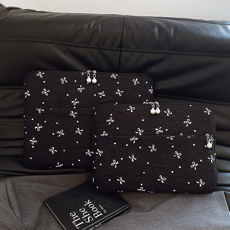 Geantă pentru laptop cu funda brodată, căptușeală din catifea — ușoară, rezistentă la uzură, material textil, stil mix and match, pentru femei