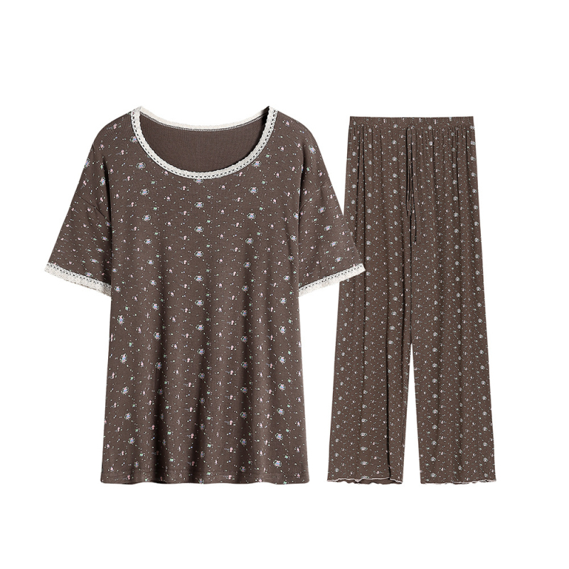 Set pijamale în stil coreean: imprimeu floral mic, modal, rib tricot, guler rotund