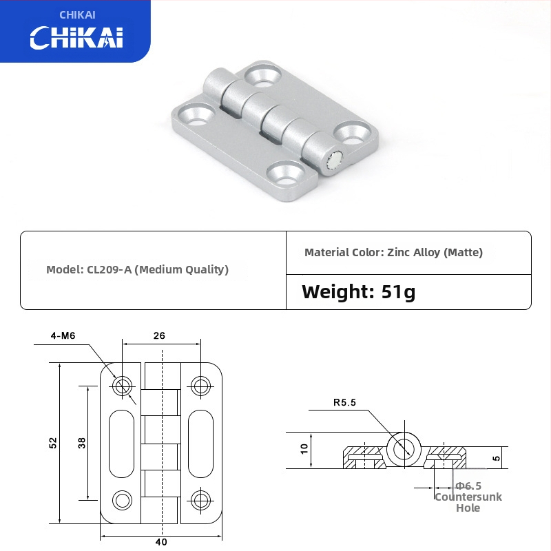 CL209 cinkötvözetű szokványos négyszögletes csukló disztribúciós dobozokhoz — modellek CL209-1, CL209-A, CL209-1C; anyag: cinkötvözet; felületkezelés: elektroplakkolás és polírozás; márka: Chikai