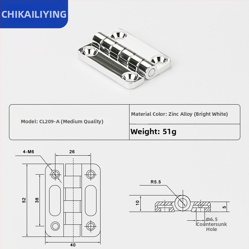 CL209 cinkötvözetű szokványos négyszögletes csukló disztribúciós dobozokhoz — modellek CL209-1, CL209-A, CL209-1C; anyag: cinkötvözet; felületkezelés: elektroplakkolás és polírozás; márka: Chikai