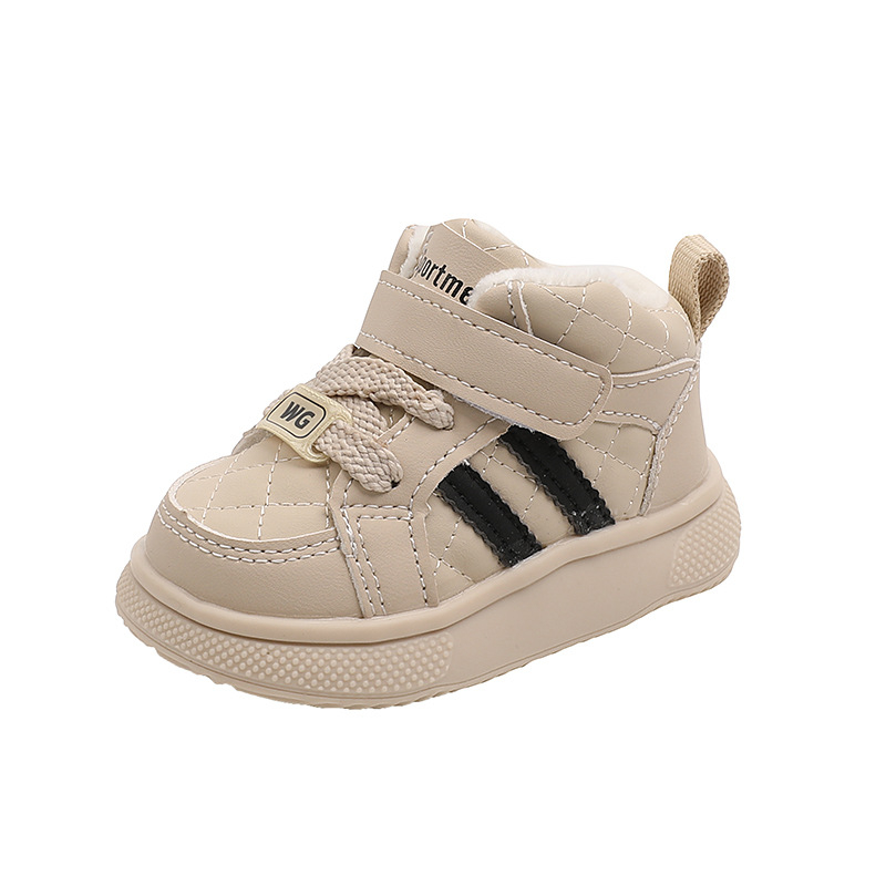 Gyerekcipő 1–3 évnek, vízálló, melegen bélelt fleece-vel, Velcro-zár, műbőr felsőrész, gumitalp, csíkos mintázat, őszi-téli