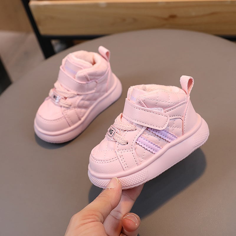 Gyerekcipő 1–3 évnek, vízálló, melegen bélelt fleece-vel, Velcro-zár, műbőr felsőrész, gumitalp, csíkos mintázat, őszi-téli