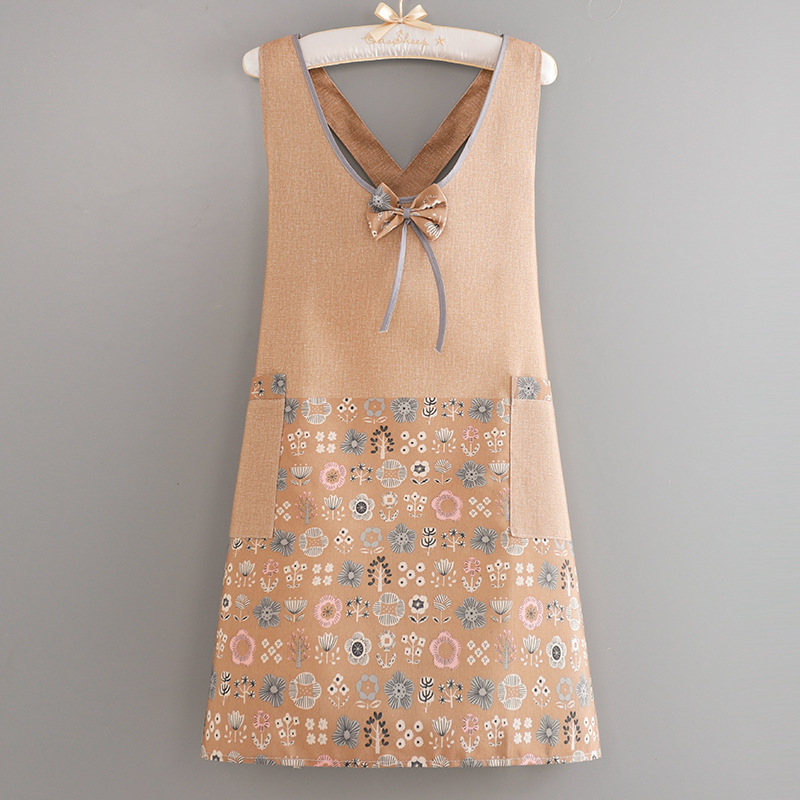 Безръкавна престилка за кухня – бамбуково-бамучна материя, антизамърсяваща, модерен флорален принт с цветя/трева/листа, за възрастни