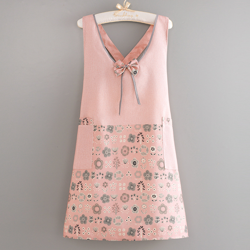 Безръкавна престилка за кухня – бамбуково-бамучна материя, антизамърсяваща, модерен флорален принт с цветя/трева/листа, за възрастни