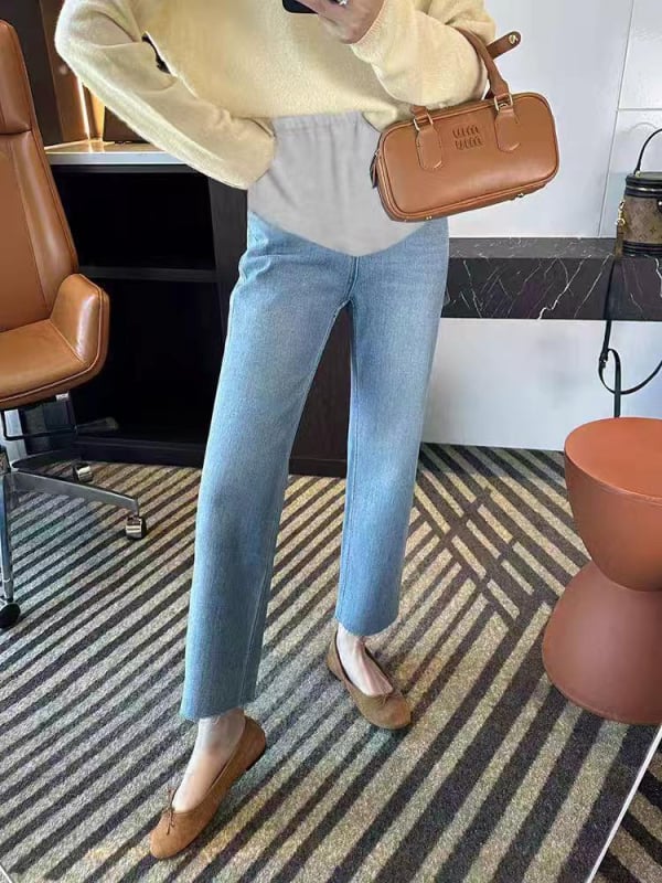 Τζιν εγκυμοσύνης από βαμβάκι με ελαστικότητα τετραπλής κατεύθυνσης και στήριξη κοιλιάς, φαρδιά γραμμή, 70-80% βαμβάκι