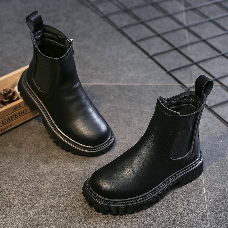 Lányoknak szóló bőrből készült bokacsizma oldalsó cipzárral, felső része valódi bőr, gumi talp, brit stílus, őszi 2025
