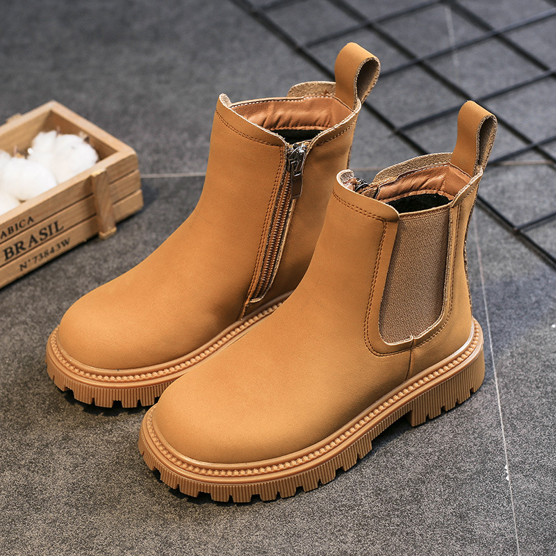 Lányoknak szóló bőrből készült bokacsizma oldalsó cipzárral, felső része valódi bőr, gumi talp, brit stílus, őszi 2025