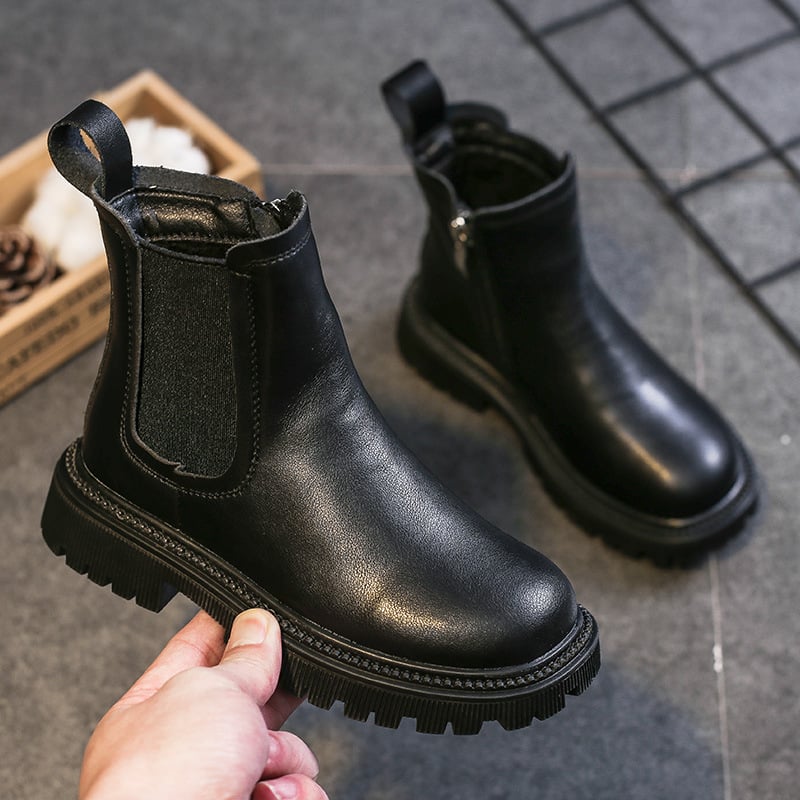 Lányoknak szóló bőrből készült bokacsizma oldalsó cipzárral, felső része valódi bőr, gumi talp, brit stílus, őszi 2025