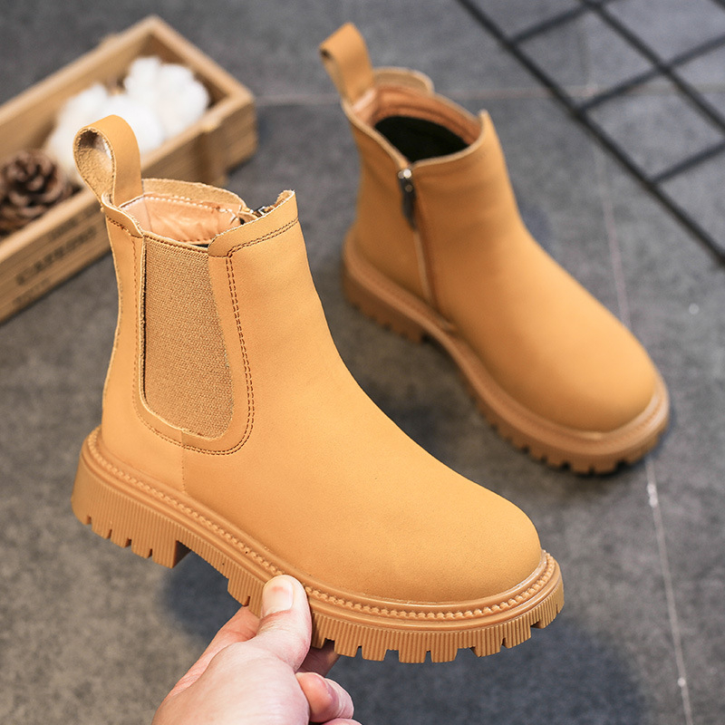Lányoknak szóló bőrből készült bokacsizma oldalsó cipzárral, felső része valódi bőr, gumi talp, brit stílus, őszi 2025