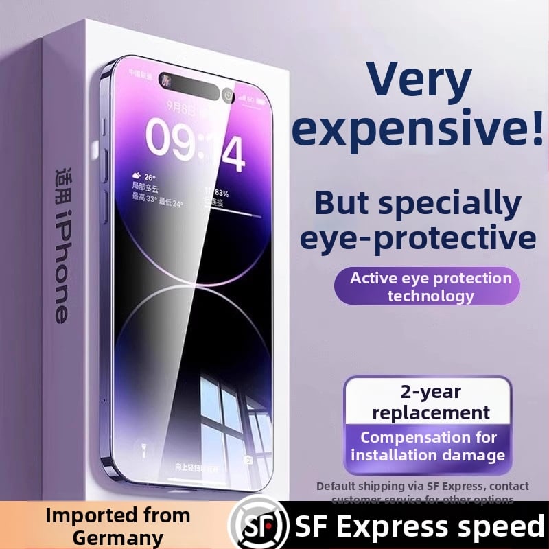 Protecție pentru ecran din sticlă temperată cu protecție AR pentru ochi, film frontal, calitate HD, compatibil cu iPhone 15 Pro Max, 16 Pro și 14 Plus