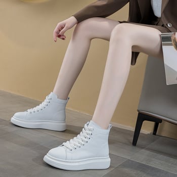 Ženske visoke kožne tenisice s debelim potplatom, gornji dio od prave kože, srednje visine, vezanje šnurkama, casual obuća