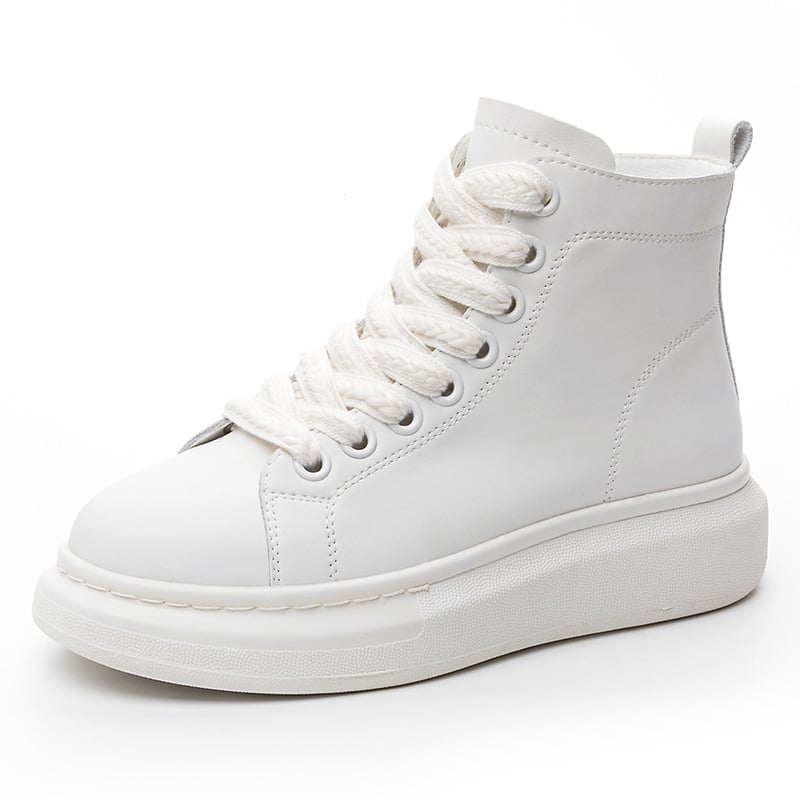 Ženske visoke kožne tenisice s debelim potplatom, gornji dio od prave kože, srednje visine, vezanje šnurkama, casual obuća