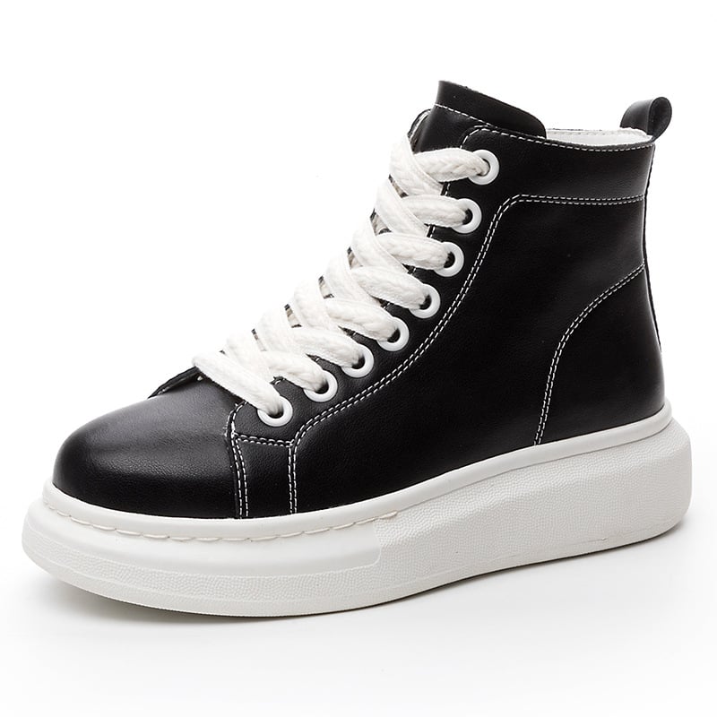 Ženske visoke kožne tenisice s debelim potplatom, gornji dio od prave kože, srednje visine, vezanje šnurkama, casual obuća