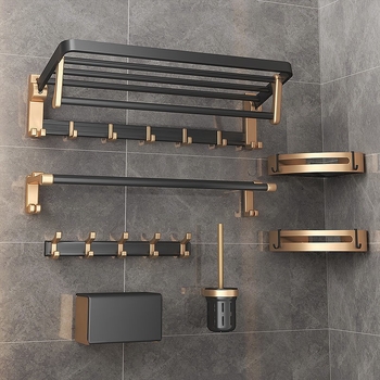 Set kupaonskih dodataka od aluminijske legure: zidni vješalica za ručnike, vodoravni držač, držač papira, kukice i držač četkice za zahod; pet komada, anodizirani površina, moderan minimalistički stil