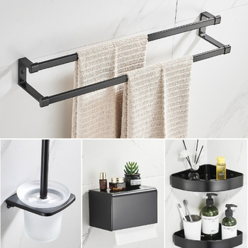 Set kupaonskih dodataka od aluminijske legure: zidni vješalica za ručnike, vodoravni držač, držač papira, kukice i držač četkice za zahod; pet komada, anodizirani površina, moderan minimalistički stil