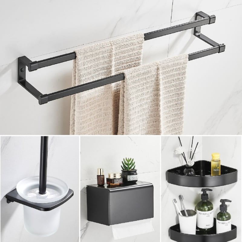 Set kupaonskih dodataka od aluminijske legure: zidni vješalica za ručnike, vodoravni držač, držač papira, kukice i držač četkice za zahod; pet komada, anodizirani površina, moderan minimalistički stil